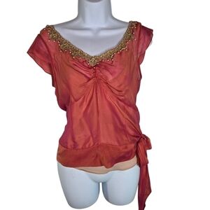 Vtg Y2k ECI coral thai silk Beaded Blouse